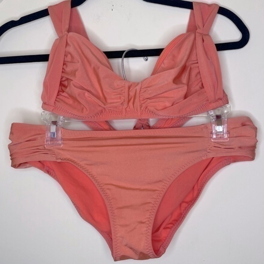 Athleta Neon Coral Peach Bikini Hipster Rouched bottoms Strappy adjustable top